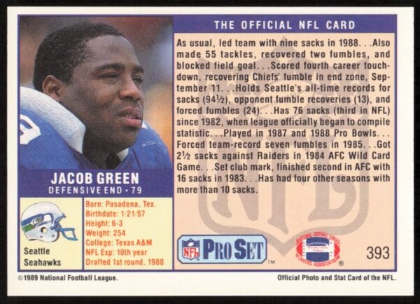 1989 Pro Set Jacob Green #393 (Back)