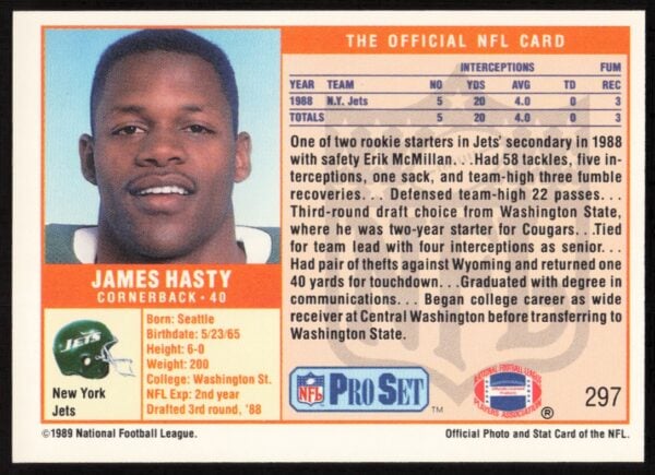 1989 Pro Set James Hasty #297 (Back)