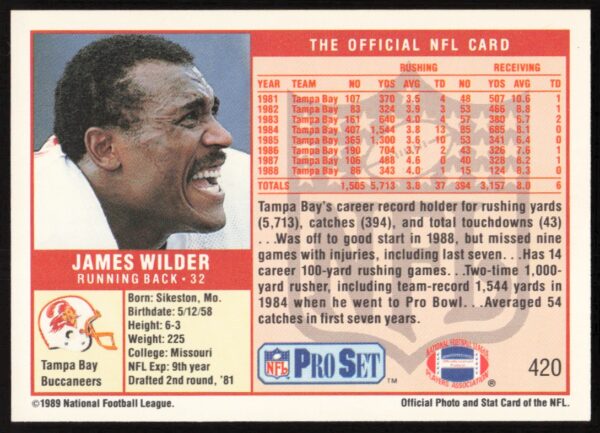 1989 Pro Set James Wilder #420 (Back)