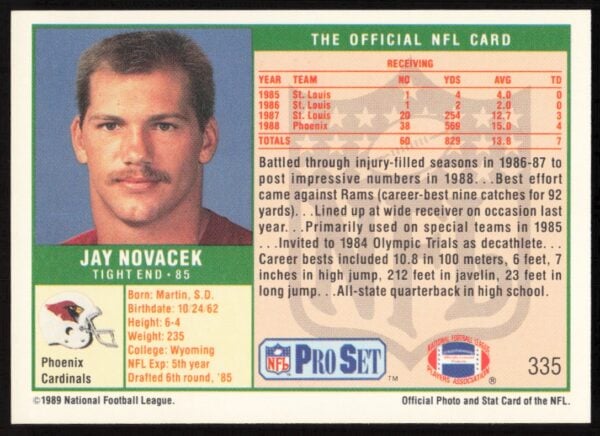 1989 Pro Set Jay Novacek #335 (Back)