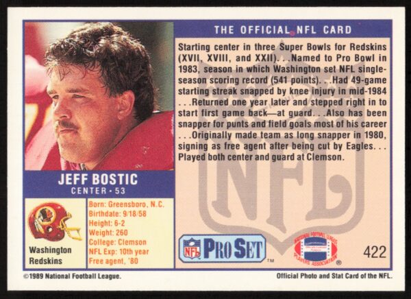 1989 Pro Set Jeff Bostic #422 (Back)