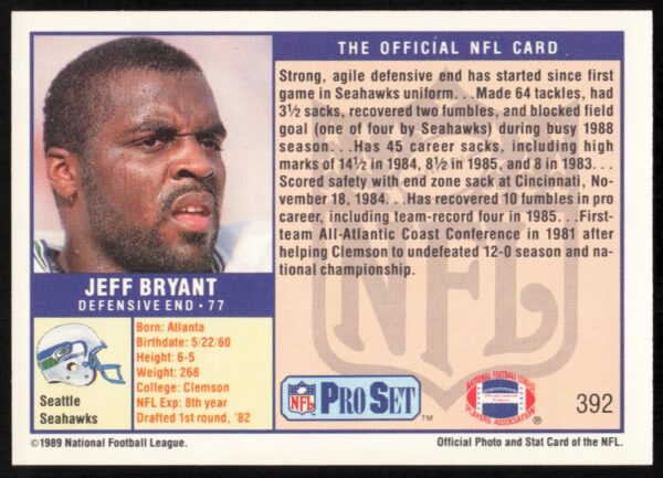 1989 Pro Set Jeff Bryant #392 (Back)