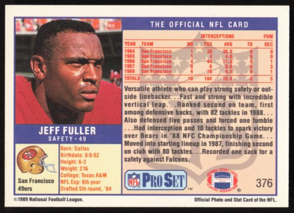 1989 Pro Set Jeff Fuller #376 (Back)