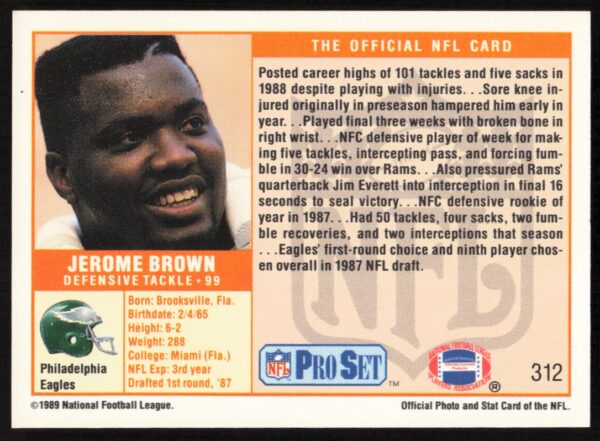 1989 Pro Set Jerome Brown #312 (Back)