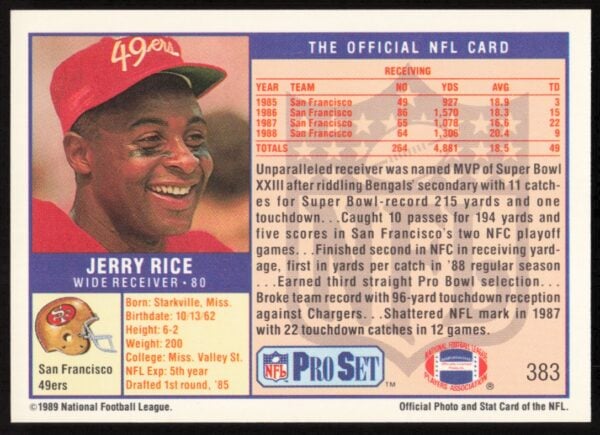 1989 Pro Set Jerry Rice #383 (Back)