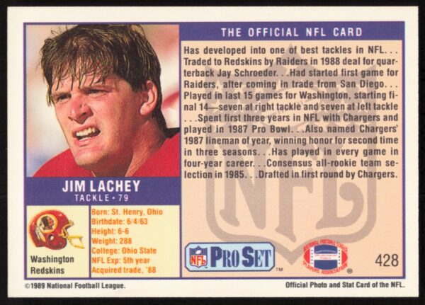 1989 Pro Set Jim Lachey #428 (Back)
