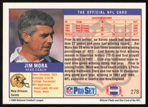 1989 Pro Set Jim Mora #278 (Back)