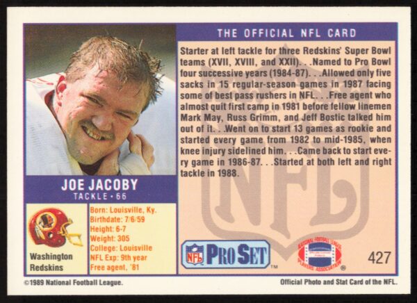 1989 Pro Set Joe Jacoby #427 (Back)