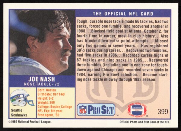 1989 Pro Set Joe Nash #399 (Back)