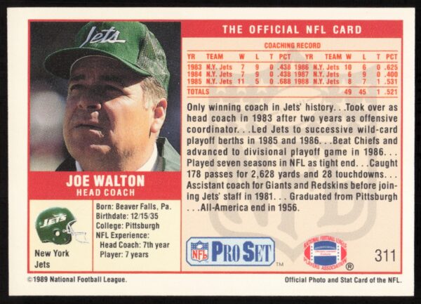 1989 Pro Set Joe Walton #311 (Back)