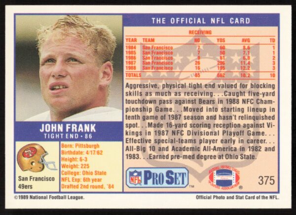 1989 Pro Set John Frank #375 (Back)