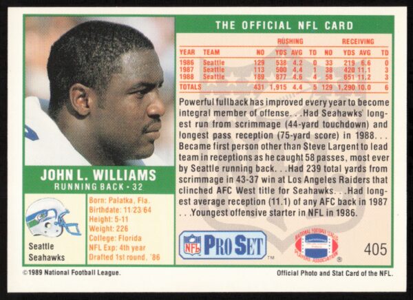 1989 Pro Set John L. Williams #405 (Back)