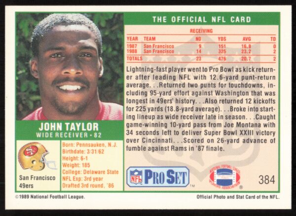 1989 Pro Set John Taylor #384 (Back)
