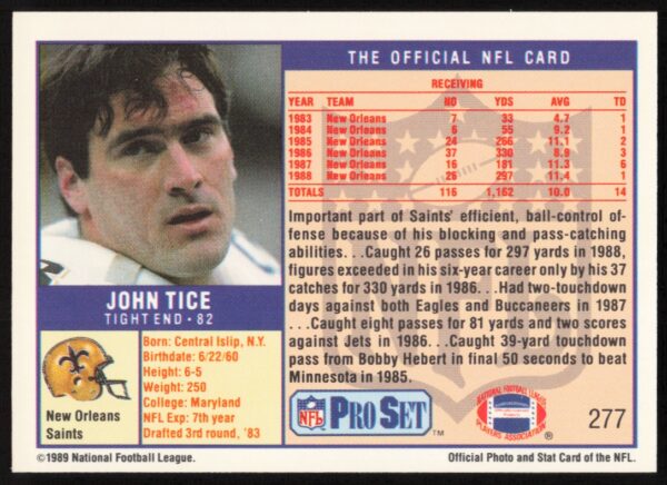 1989 Pro Set John Tice #277 (Back)