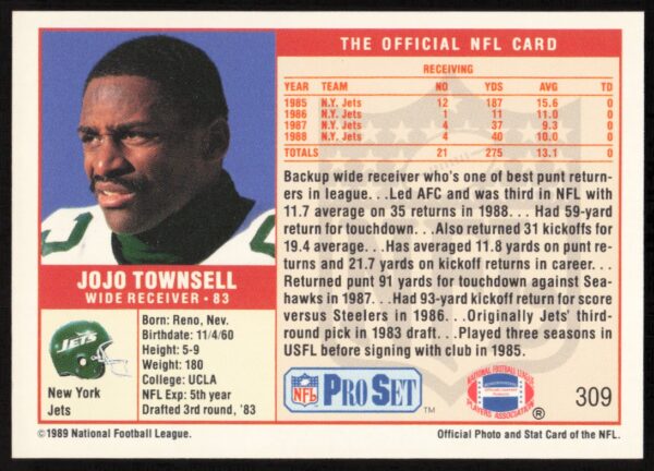 1989 Pro Set Jojo Townsell #309 (Back)
