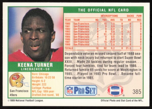 1989 Pro Set Keena Turner #385 (Back)
