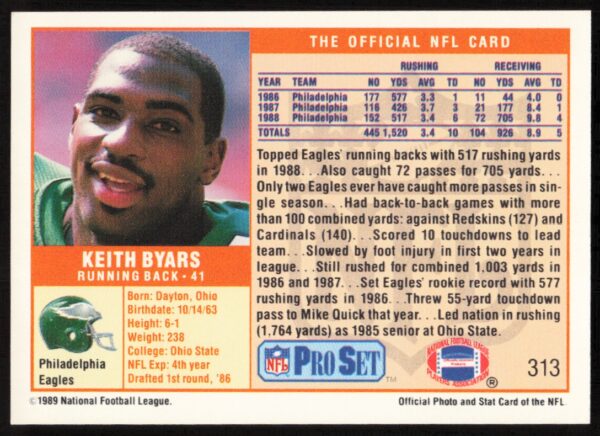 1989 Pro Set Keith Byars #313 (Back)