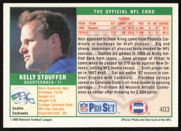 1989 Pro Set Kelly Stouffer #403 (Back)