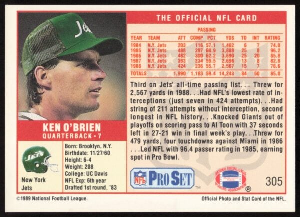 1989 Pro Set Ken O'Brien #305 (Back)