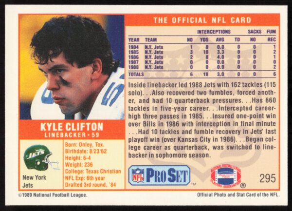1989 Pro Set Kyle Clifton #295 (Back)