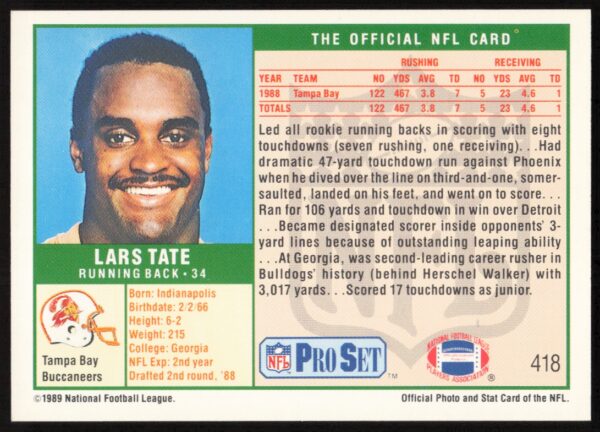 1989 Pro Set Lars Tate #418 (Back)