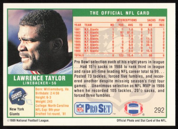 1989 Pro Set Lawrence Taylor #292 (Back)