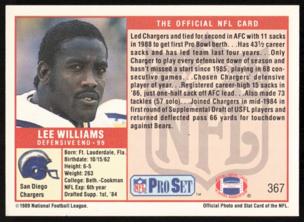 1989 Pro Set Lee Williams #367 (Back)