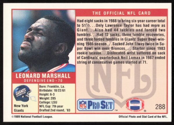 1989 Pro Set Leonard Marshall #288 (Back)