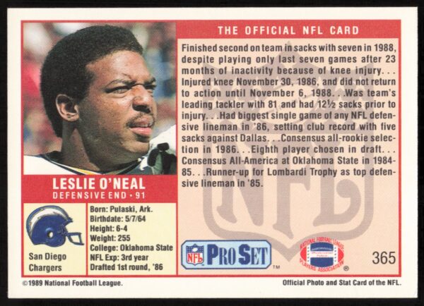 1989 Pro Set Leslie O'Neal #365 (Back)