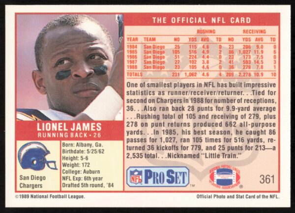 1989 Pro Set Lionel James #361 (Back)