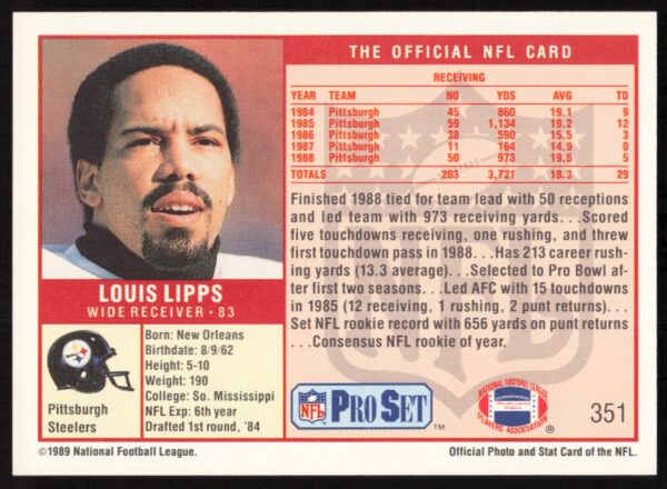 1989 Pro Set Louis Lipps #351 (Back)