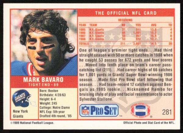 1989 Pro Set Mark Bavaro #281 (Back)