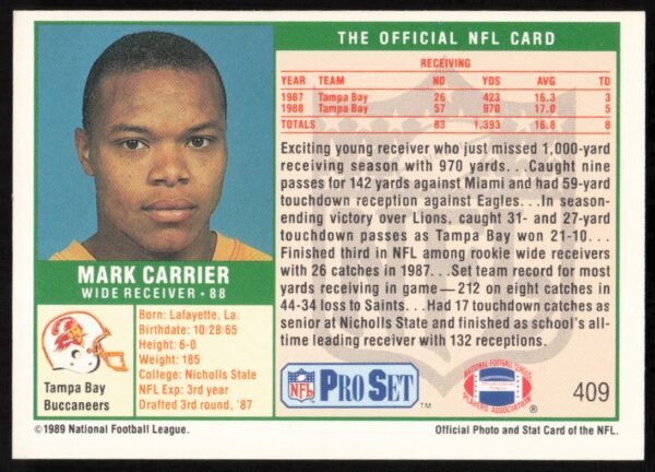 1989 Pro Set Mark Carrier #409 (Back)