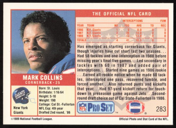 1989 Pro Set Mark Collins #283 (Back)