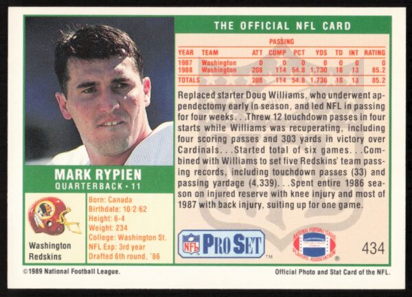 1989 Pro Set Mark Rypien #434 (Back)