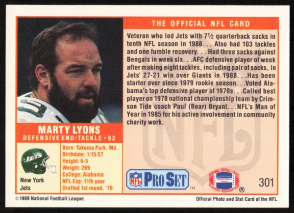 1989 Pro Set Marty Lyons #301 (Back)