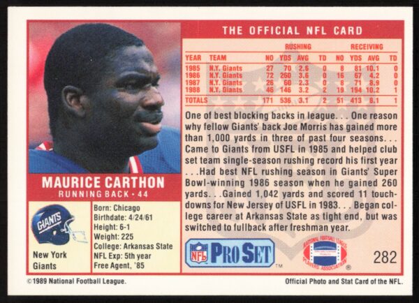 1989 Pro Set Maurice Carthon #282 (Back)