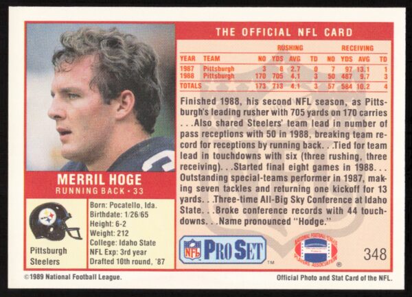 1989 Pro Set Merril Hoge #348 (Back)