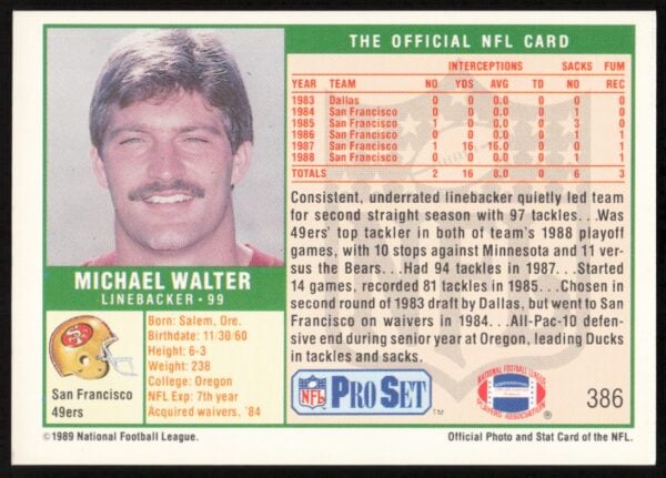 1989 Pro Set Michael Walter #386 (Back)