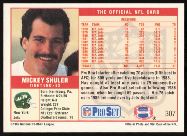 1989 Pro Set Mickey Shuler #307 (Back)