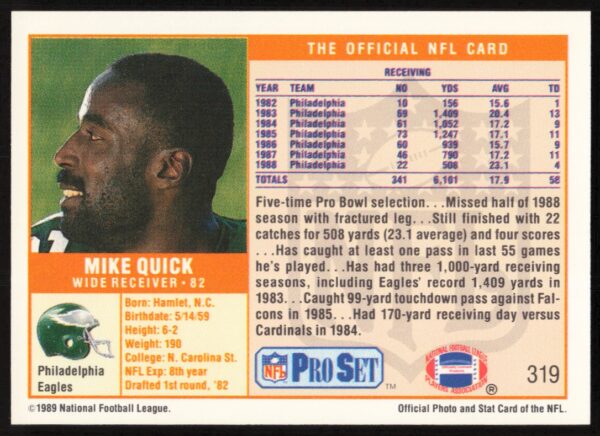 1989 Pro Set Mike Quick #319 (Back)