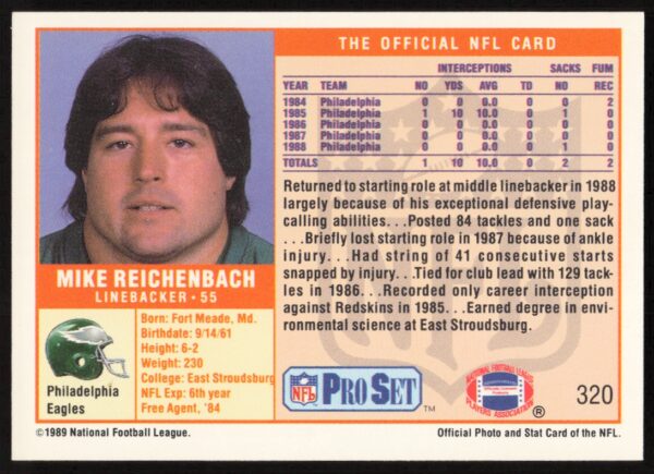 1989 Pro Set Mike Reichenbach #320 (Back)