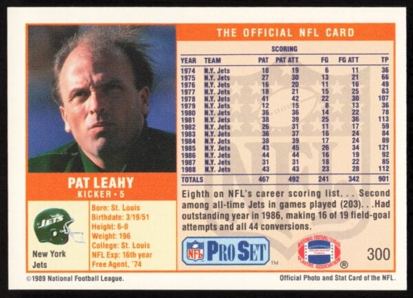 1989 Pro Set Pat Leahy #300 (Back)