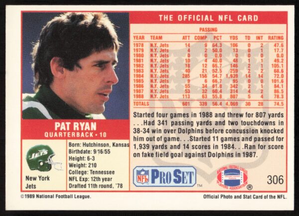 1989 Pro Set Pat Ryan #306 (Back)