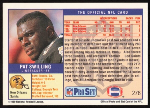 1989 Pro Set Pat Swilling #276 (Back)