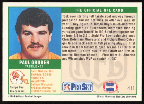 1989 Pro Set Paul Gruber #411 (Back)