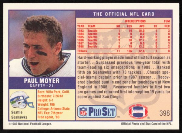 1989 Pro Set Paul Moyer #398 (Back)