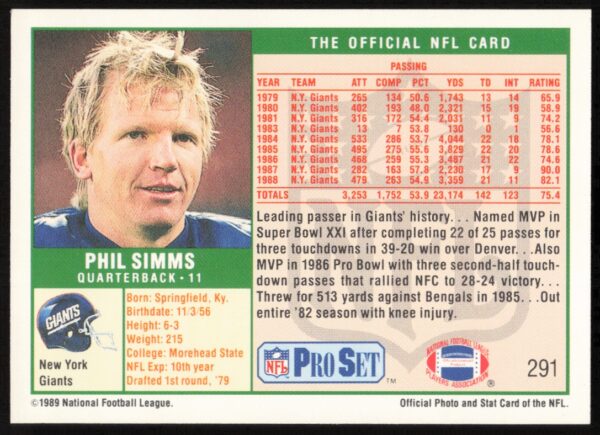 1989 Pro Set Phil Simms #291 (Back)