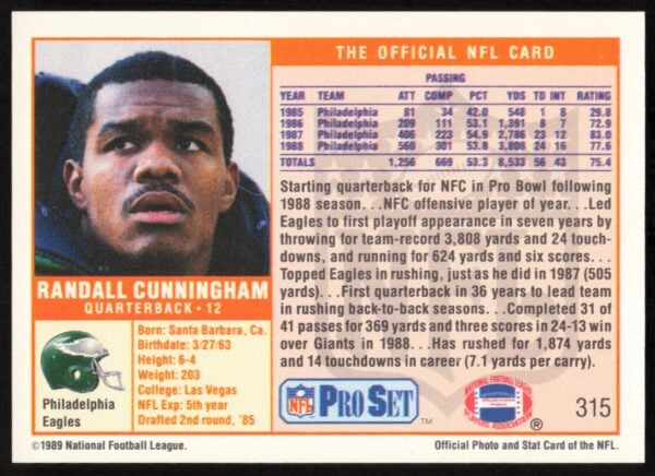 1989 Pro Set Randall Cunningham #315 (Back)