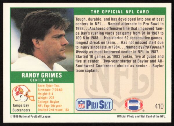 1989 Pro Set Randy Grimes #410 (Back)